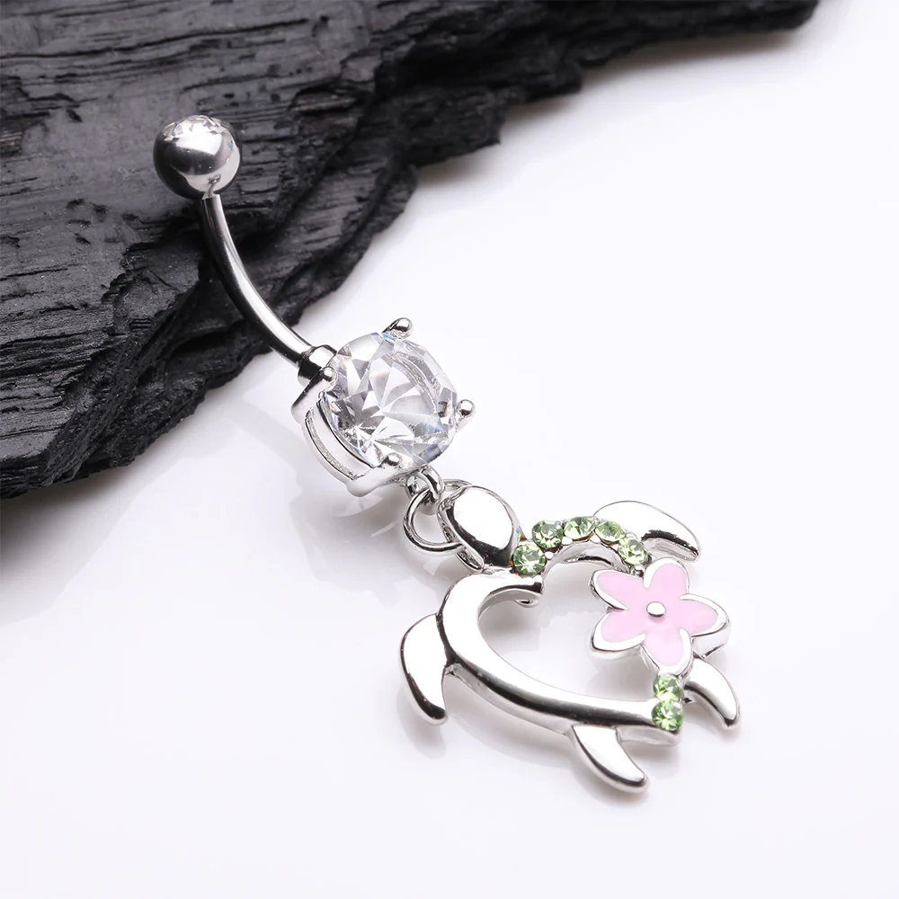 Hawaiian Flower Turtle Sparkle Belly Button Ring - Image 3