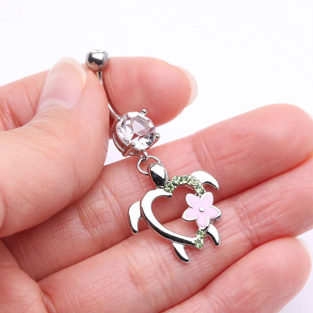 Hawaiian Flower Turtle Sparkle Belly Button Ring - Image 4