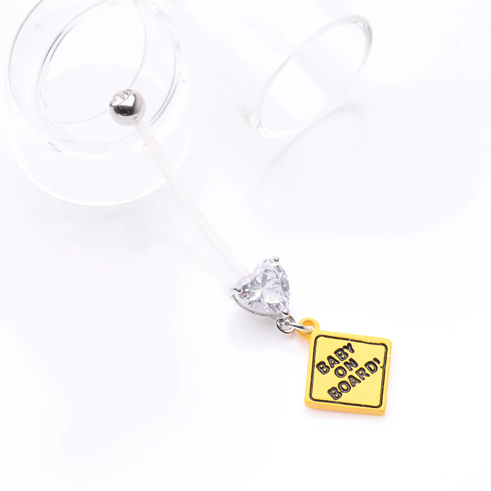 Heart Gem Sparkle Baby On Board Dangle Bio-Flex Pregnancy Belly Button Ring - Image 3