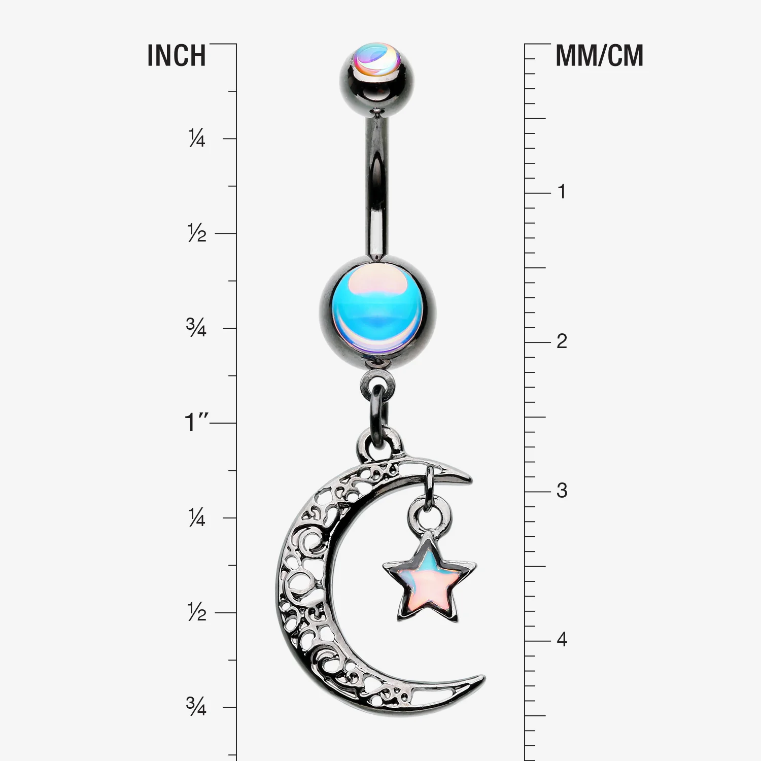 Hematite Crescent Filigree Moon Star Sparkle Belly Button Ring - Image 2