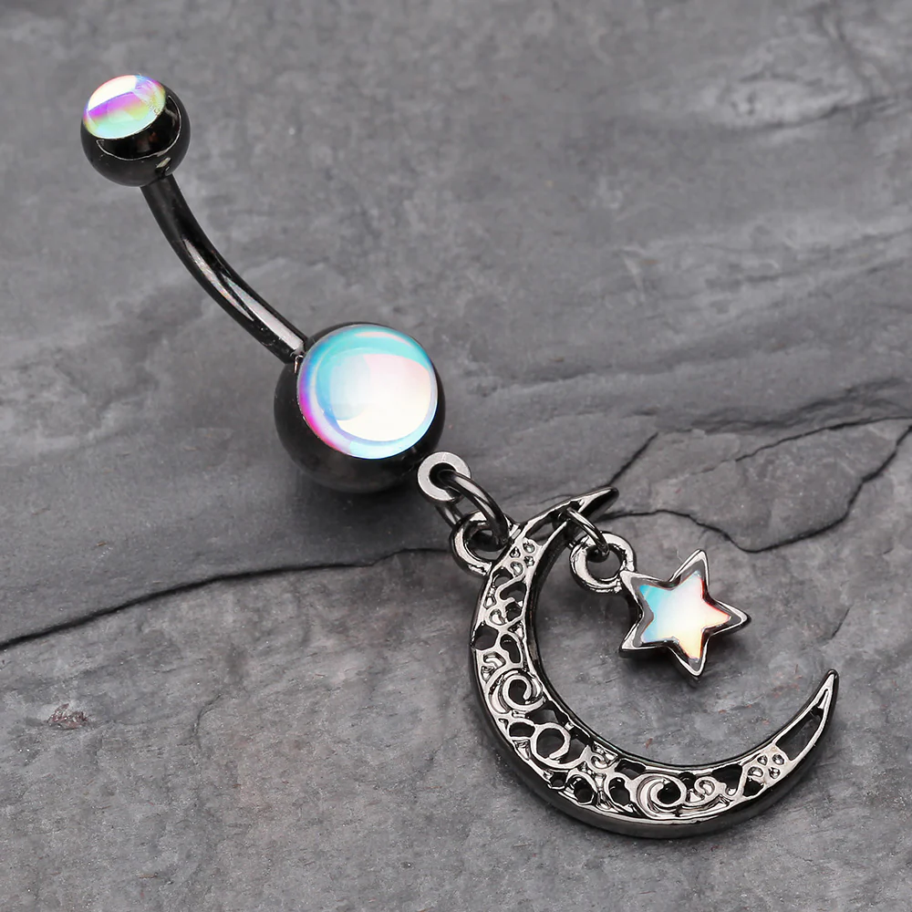 Hematite Crescent Filigree Moon Star Sparkle Belly Button Ring - Image 3