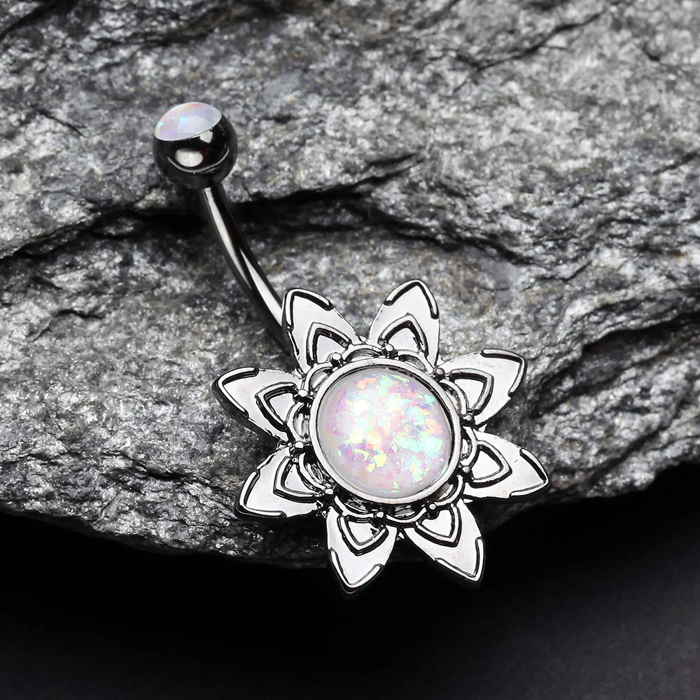 Hematite Starburst Opal Sparkle Flower Belly Button Ring - Image 3