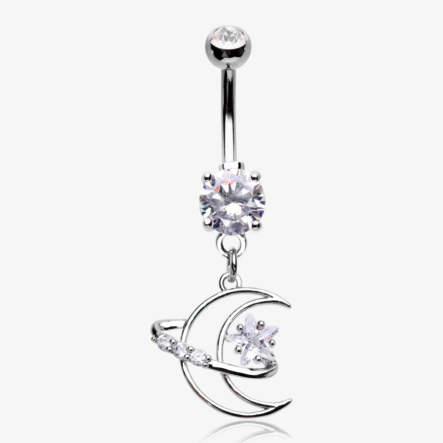 Hollow Crescent Moon Sparkle Star Orbit Dangle Belly Button Ring