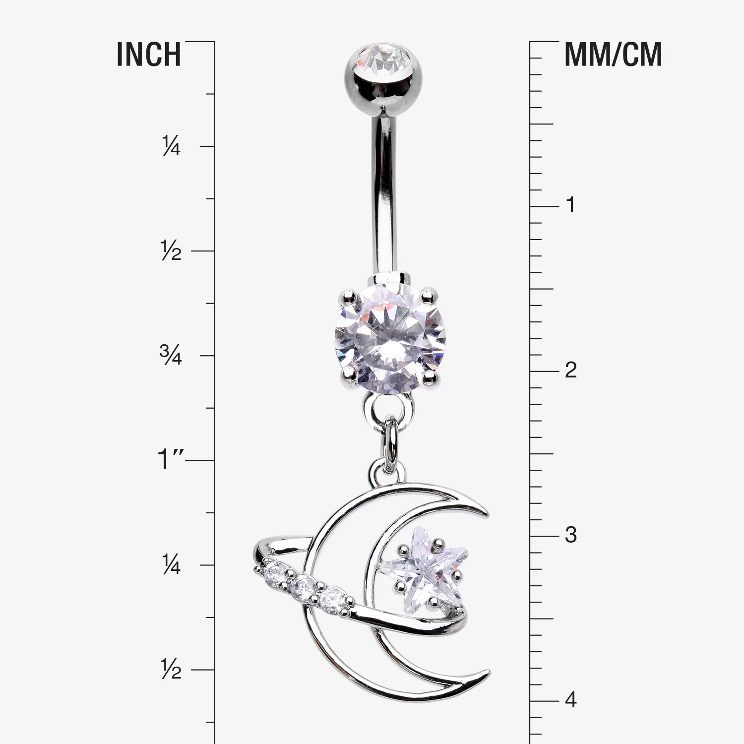 Hollow Crescent Moon Sparkle Star Orbit Dangle Belly Button Ring - Image 2