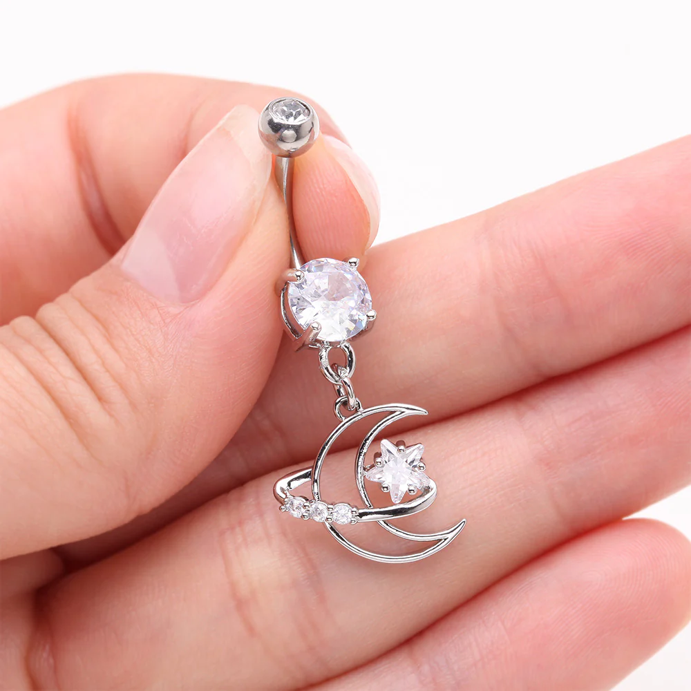 Hollow Crescent Moon Sparkle Star Orbit Dangle Belly Button Ring - Image 4