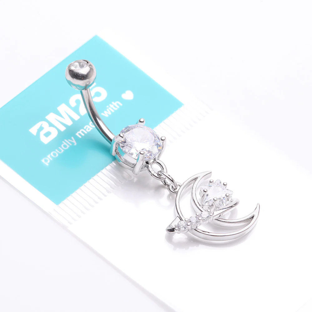 Hollow Crescent Moon Sparkle Star Orbit Dangle Belly Button Ring - Image 5