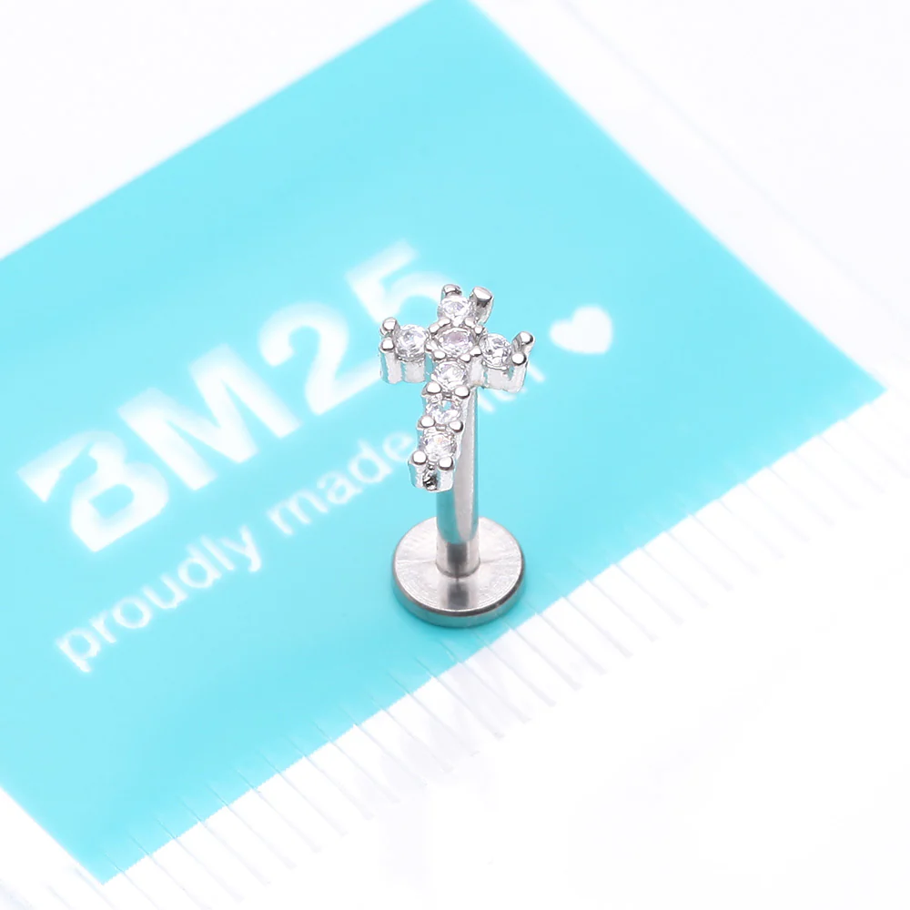 Holy Cross Sparkle Top Internally Threaded Steel Flat Back Stud Labret - Image 4