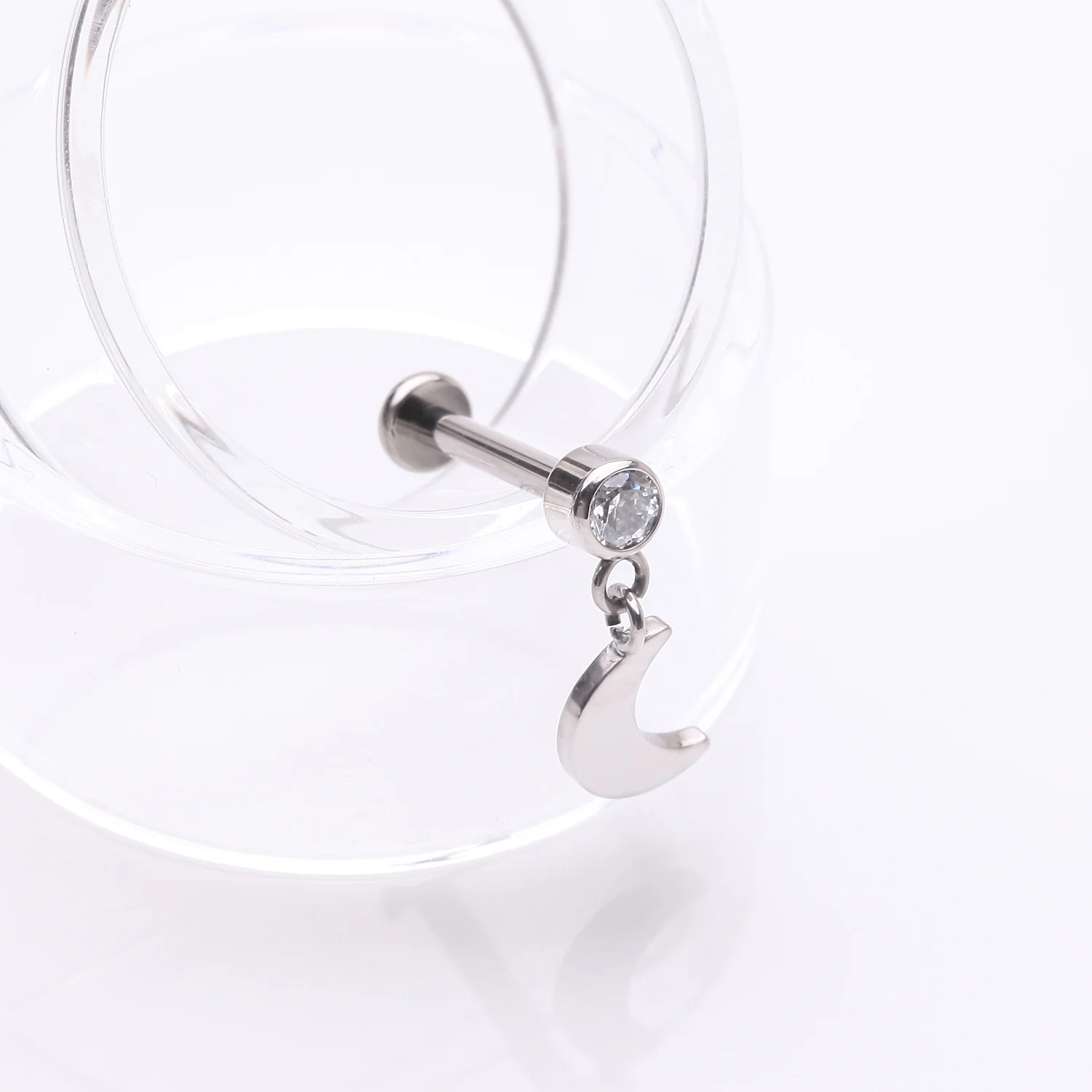 Implant Grade Titanium Bezel Gem Crescent Moon Dangle Internally Threaded Flat Back Labret - Image 2