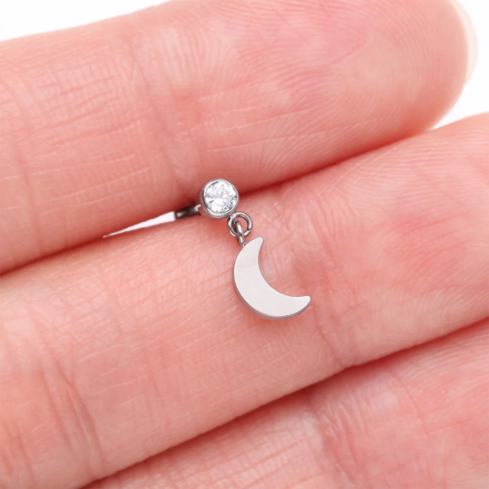 Implant Grade Titanium Bezel Gem Crescent Moon Dangle Internally Threaded Flat Back Labret - Image 3