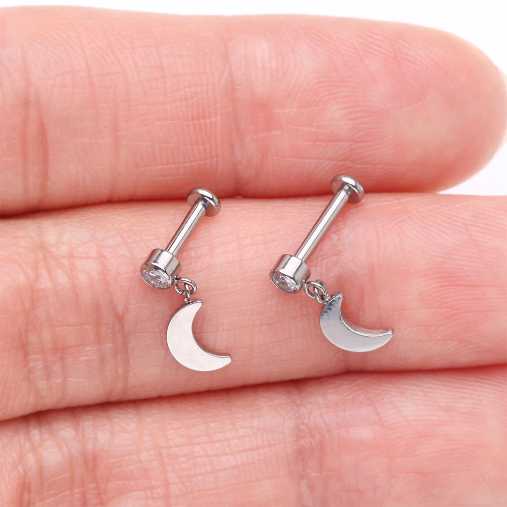 Implant Grade Titanium Bezel Gem Crescent Moon Dangle Internally Threaded Flat Back Labret - Image 4