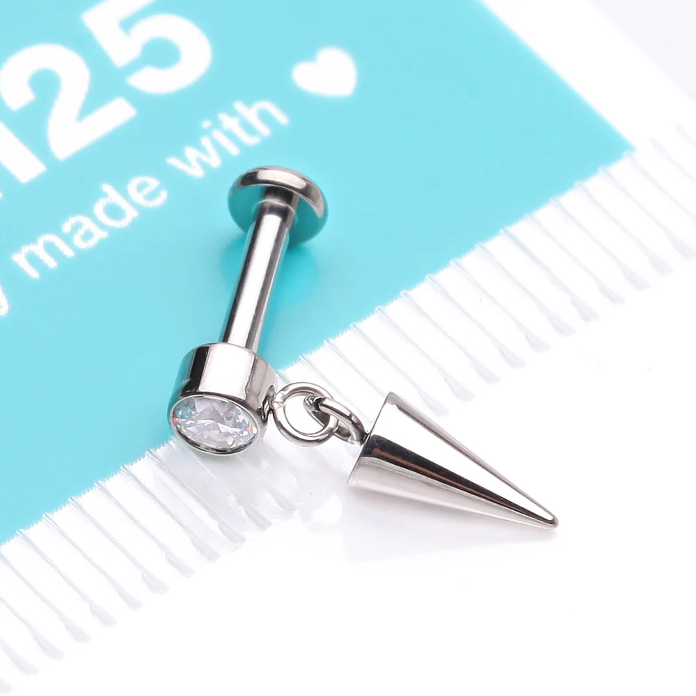 Implant Grade Titanium Bezel Gem Spike Cone Dangle Internally Threaded Flat Back Labret - Image 5