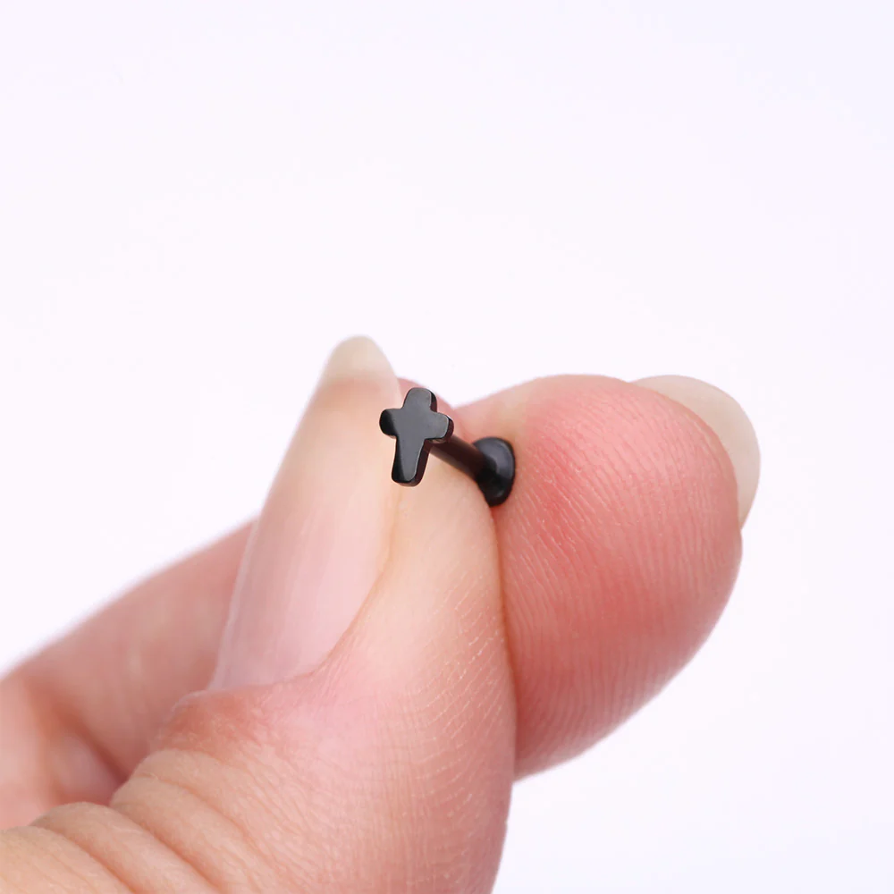 Implant Grade Titanium Blackline Cross Top Internally Threaded Flat Back Stud Labret - Image 3