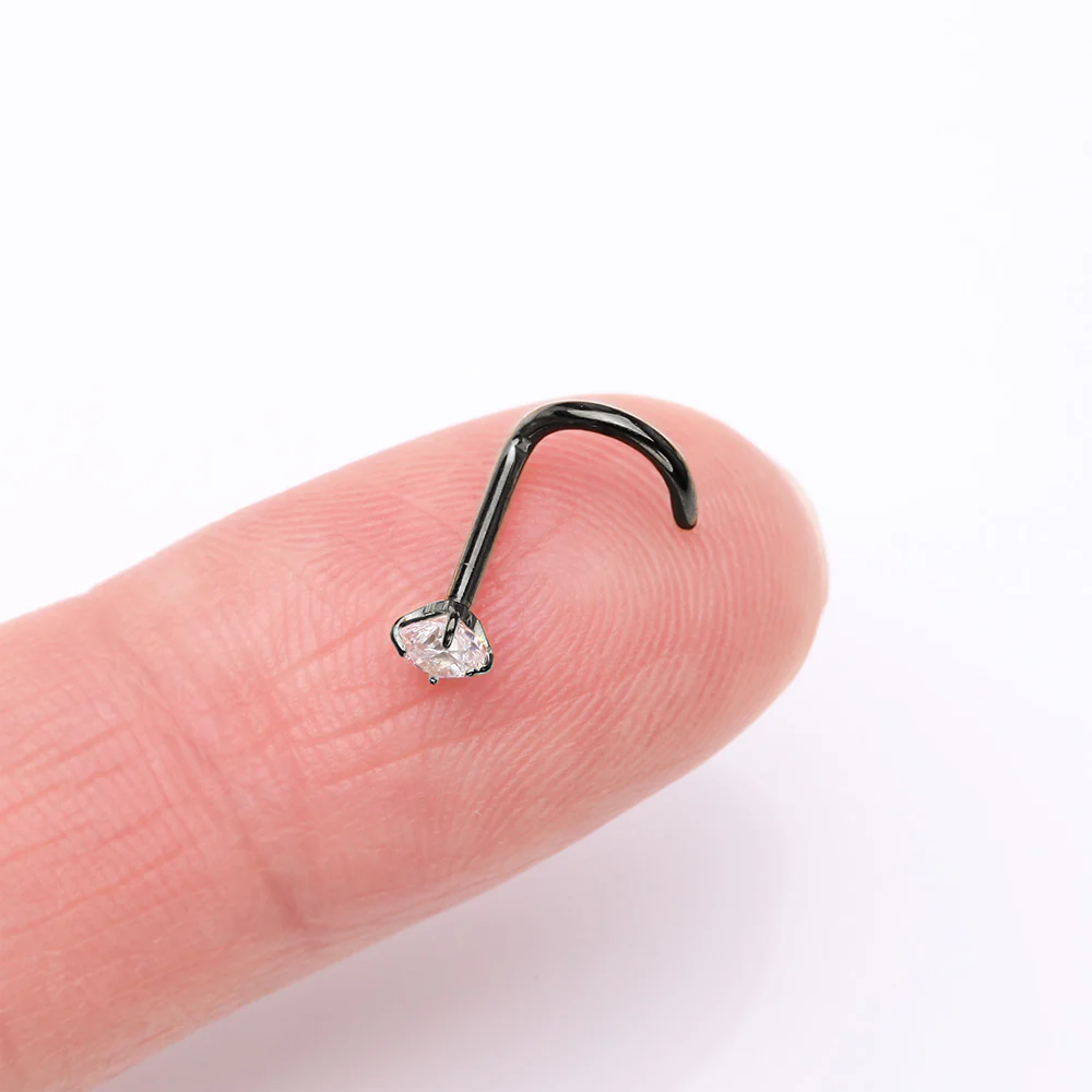 Implant Grade Titanium Blackline Gem Sparkle Prong Set Top Nose Screw Ring - Image 3