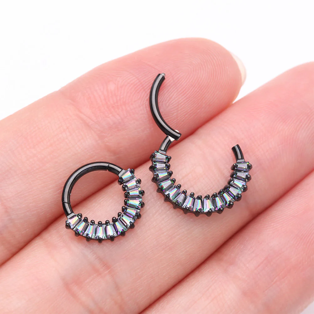 Implant Grade Titanium Blackline Pave Baguette Sparkle Clicker Hoop Ring - Image 4