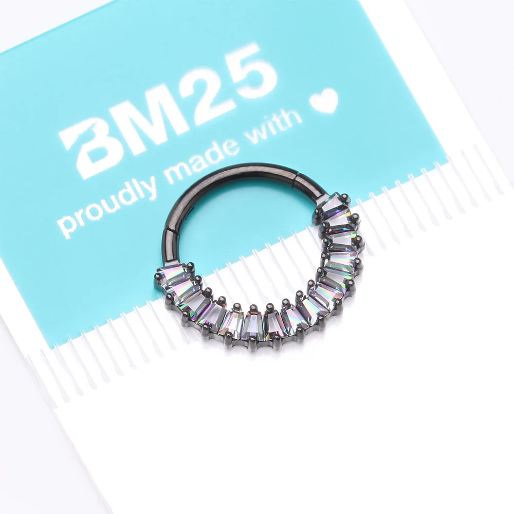 Implant Grade Titanium Blackline Pave Baguette Sparkle Clicker Hoop Ring - Image 5