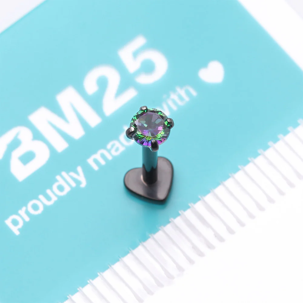 Implant Grade Titanium Blackline Prong Gem Sparkle Internally Threaded Heart Back Labret - Image 5