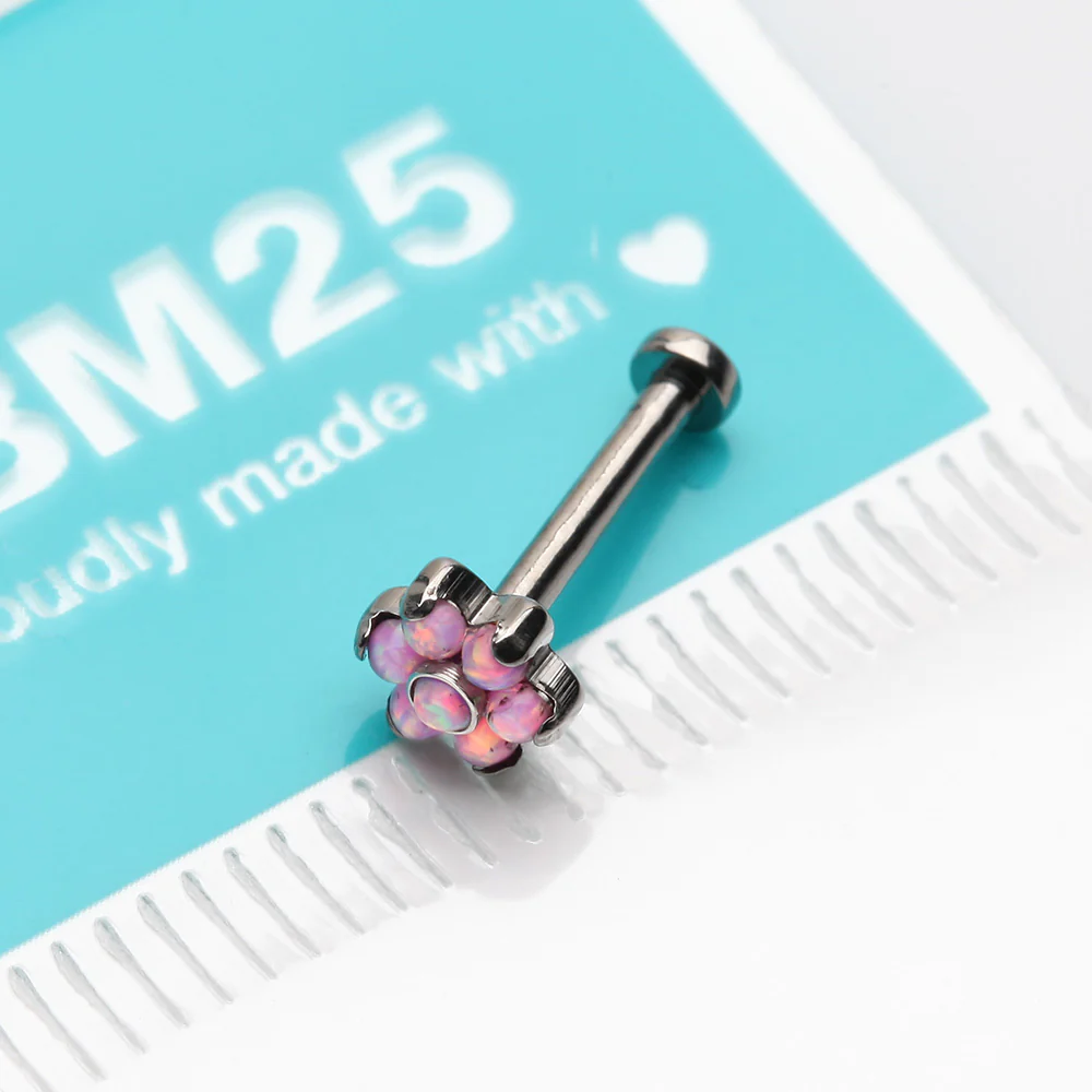 Implant Grade Titanium OneFit Threadless Brilliant Fire Opal Flower Top Flat Back Stud Labret - Image 4