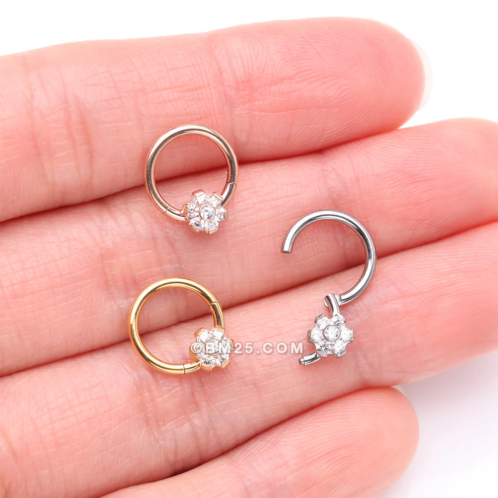 Implant Grade Titanium Brilliant Flower Sparkle Clicker Hoop Ring - Image 4