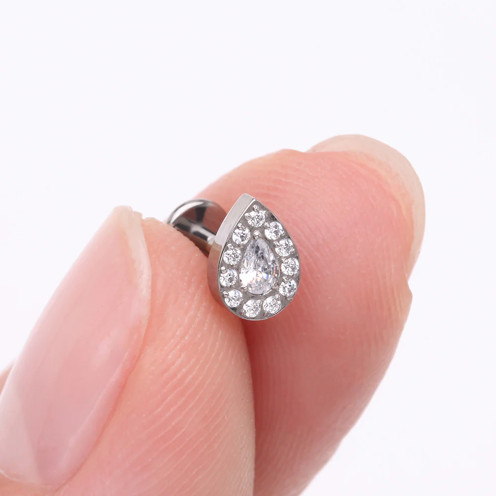 Implant Grade Titanium Brilliant Teardrop Sparkle Internally Threaded Flat Back Stud Labret - Image 3