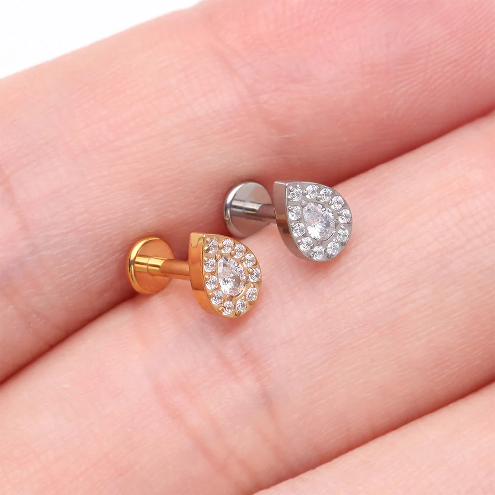 Implant Grade Titanium Brilliant Teardrop Sparkle Internally Threaded Flat Back Stud Labret - Image 4