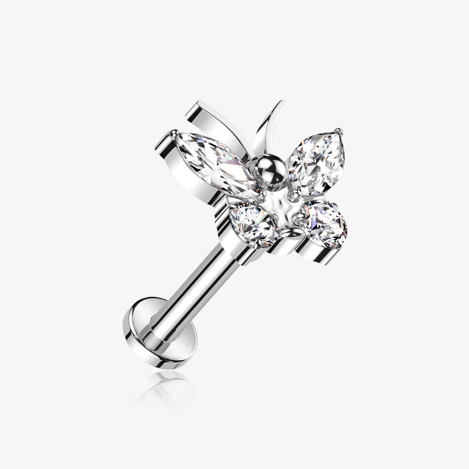 Implant Grade Titanium Butterfly Sparkle Internally Threaded Flat Back Stud Labret