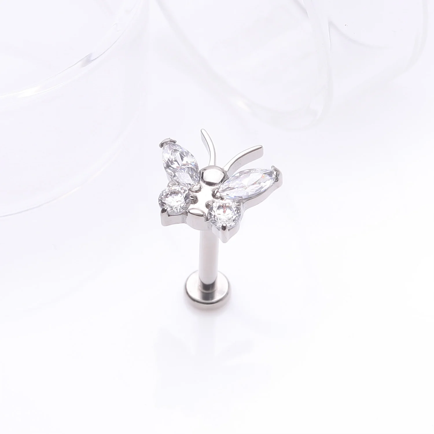 Implant Grade Titanium Butterfly Sparkle Internally Threaded Flat Back Stud Labret - Image 2