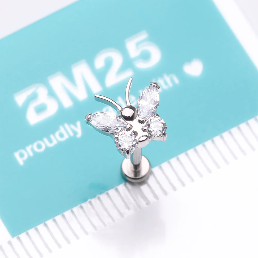 Implant Grade Titanium Butterfly Sparkle Internally Threaded Flat Back Stud Labret - Image 5