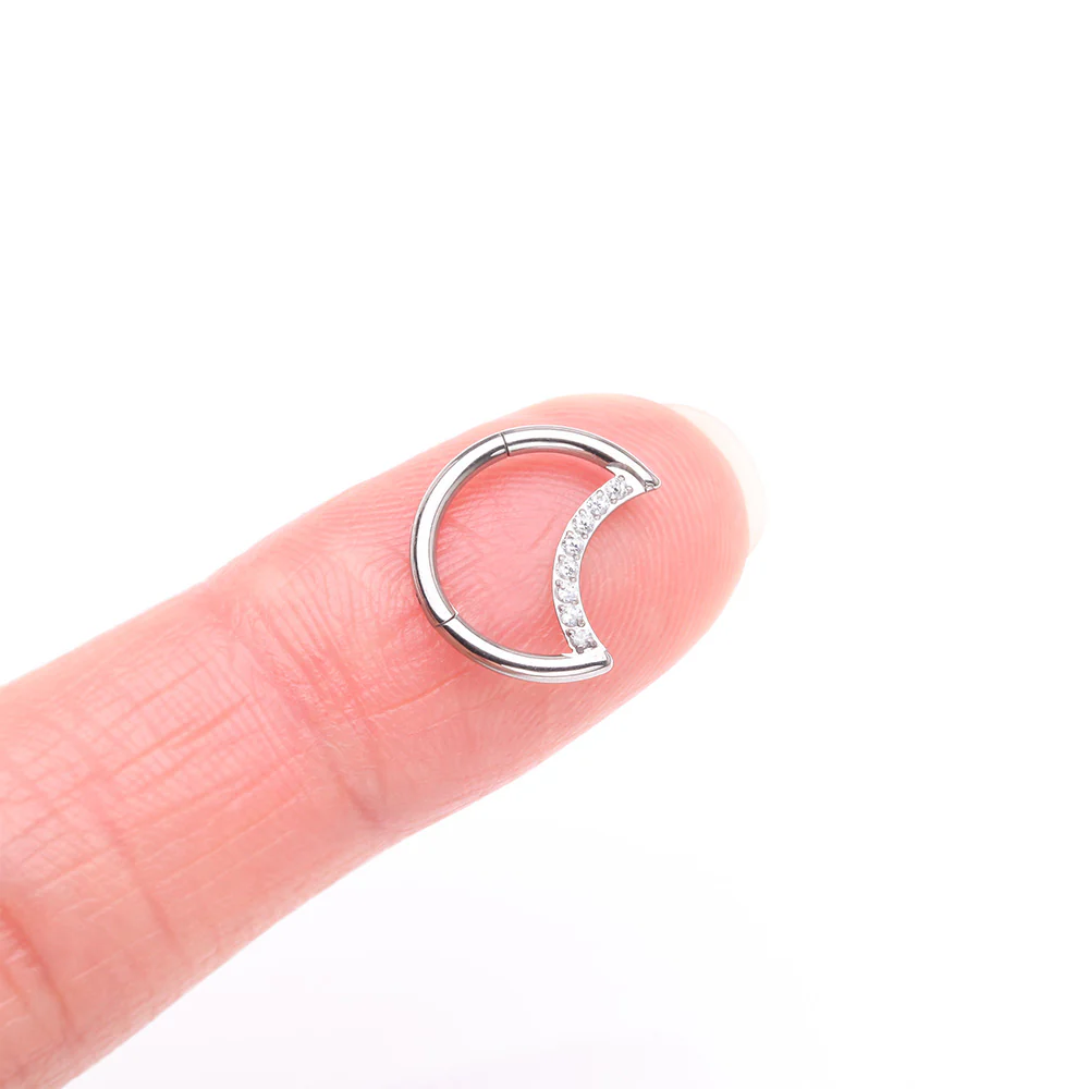 Implant Grade Titanium Crescent Moon Sparkle Seamless Clicker Hoop Ring - Image 3