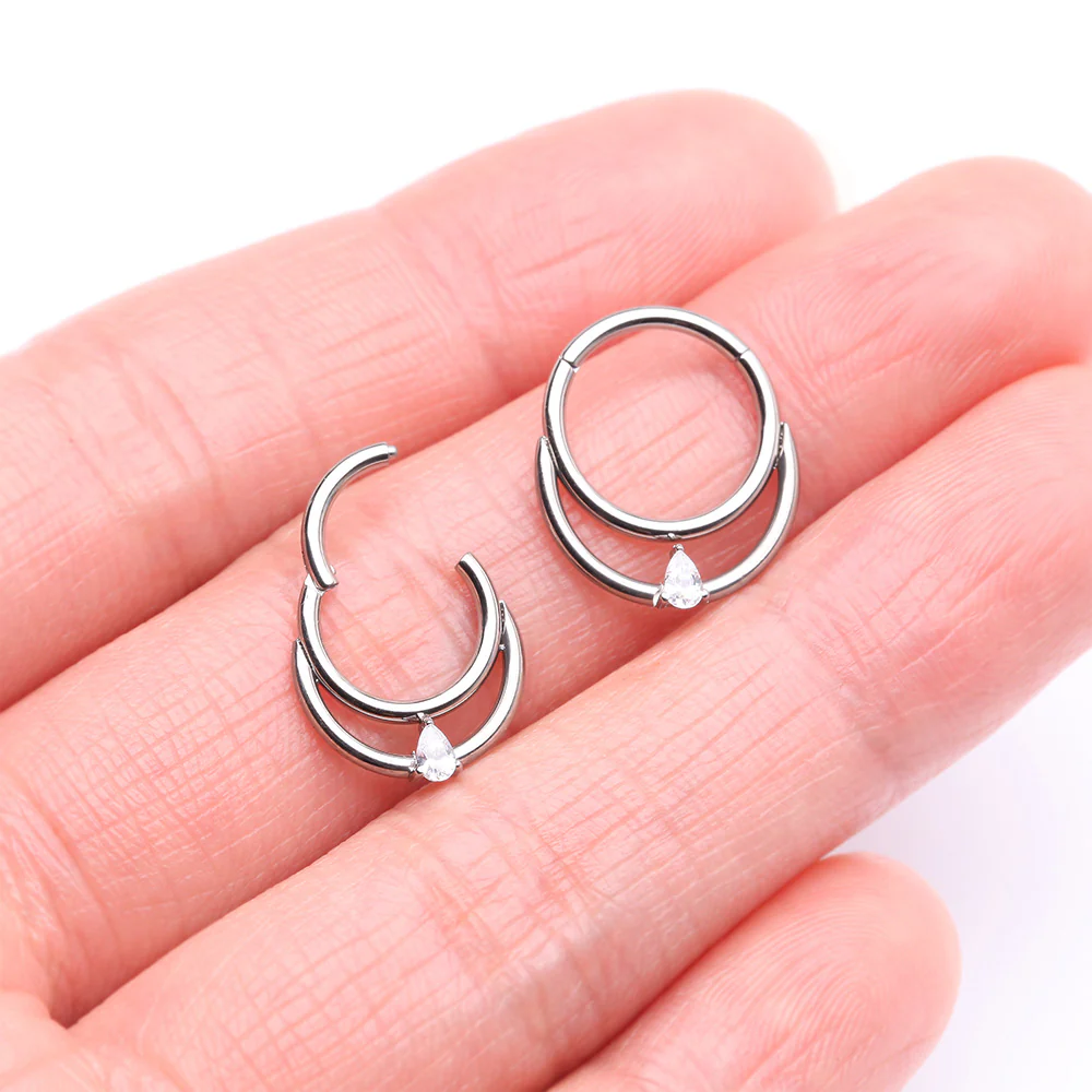 Implant Grade Titanium Double Loop Teardrop Sparkle Clicker Hoop Ring - Image 2