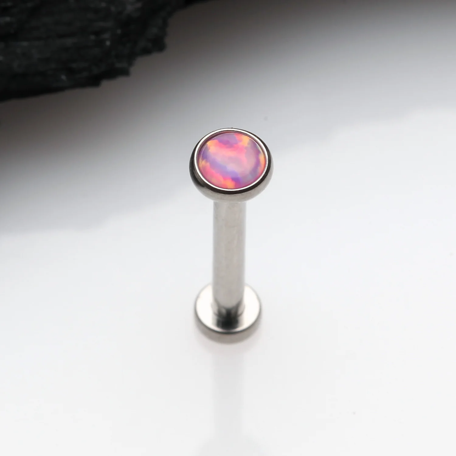 Implant Grade Titanium OneFit Threadless Fire Opal Bezel Set Top Flat Back Stud Labret - Image 2