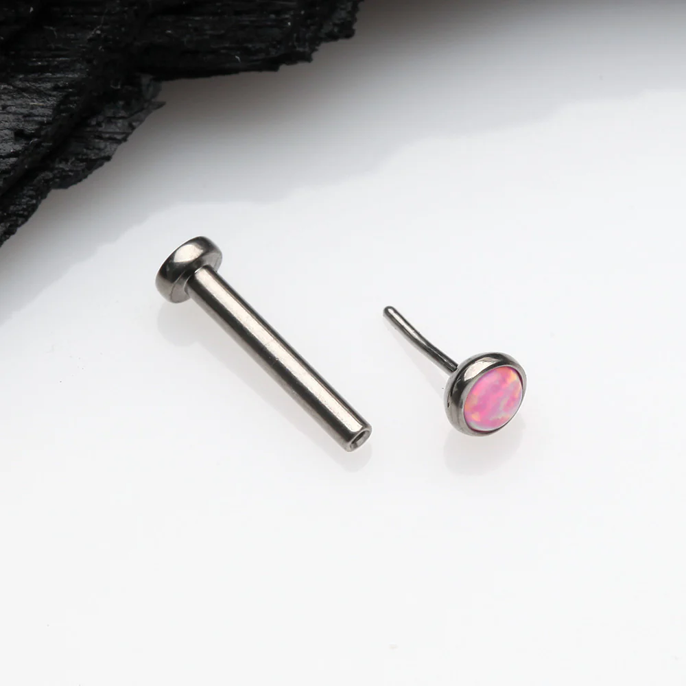 Implant Grade Titanium OneFit Threadless Fire Opal Bezel Set Top Flat Back Stud Labret - Image 3