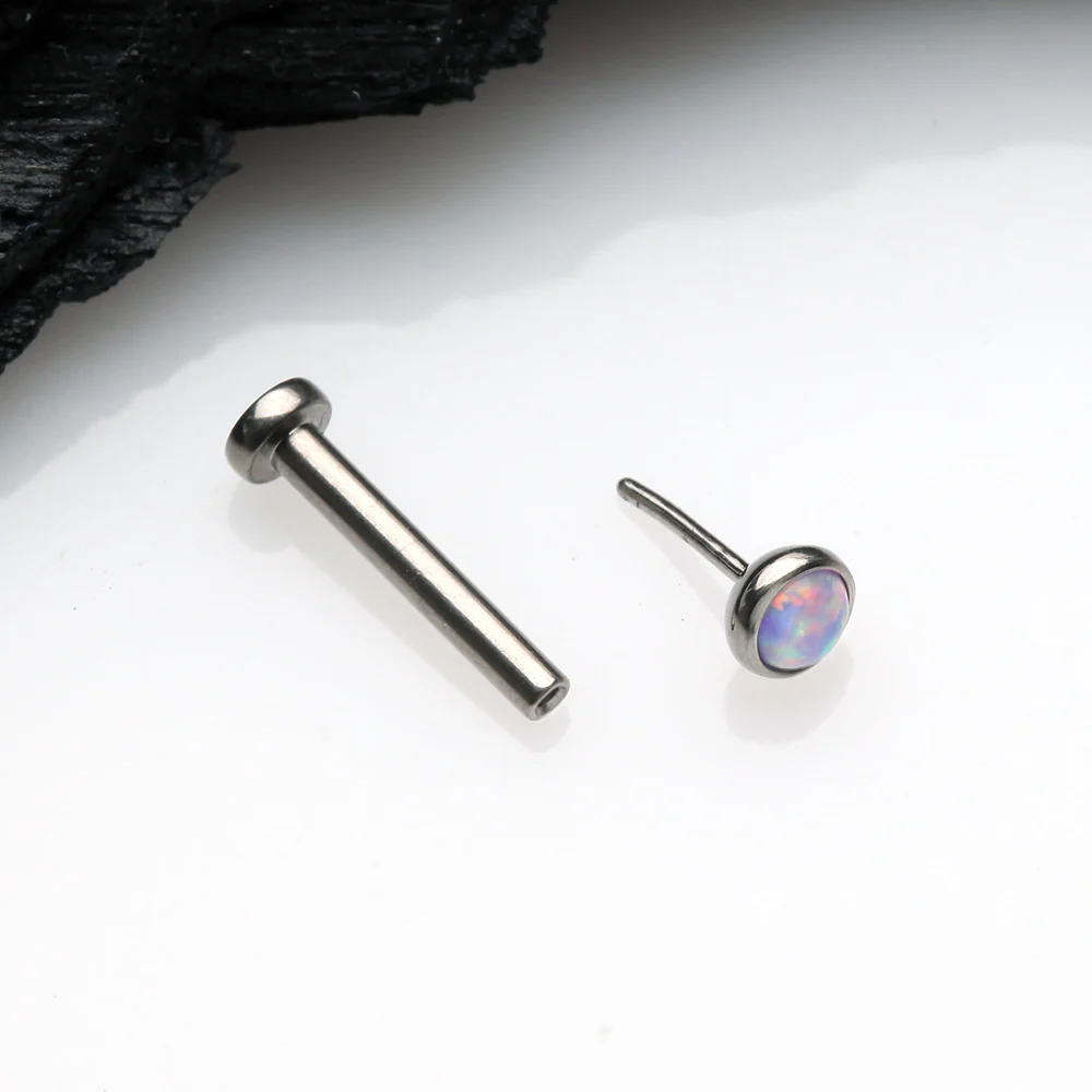 Implant Grade Titanium OneFit Threadless Fire Opal Bezel Set Top Flat Back Stud Labret - Image 3