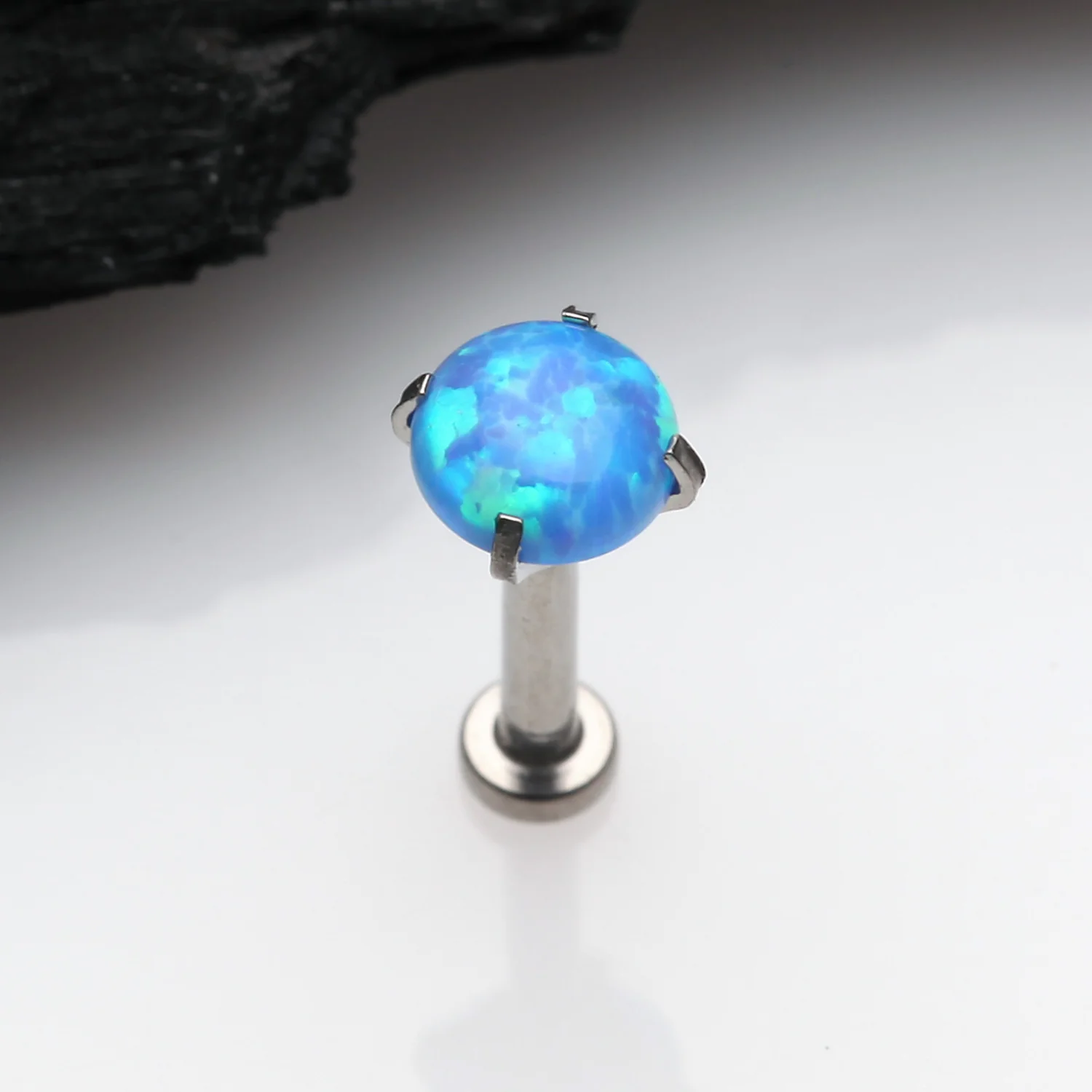 Implant Grade Titanium OneFit Threadless Fire Opal Prong Set Top Flat Back Stud Labret - Image 2