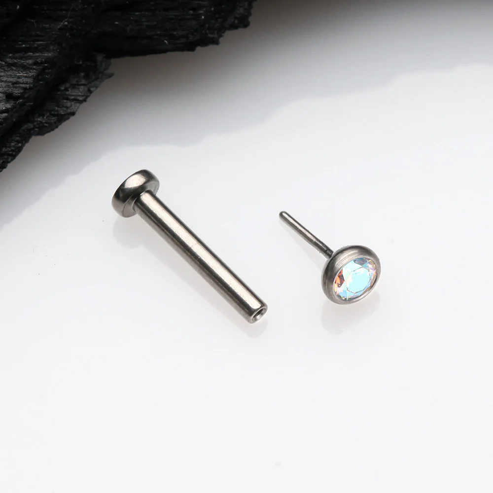 Implant Grade Titanium OneFit Threadless Gem Bezel Set Top Flat Back Stud Labret - Image 3