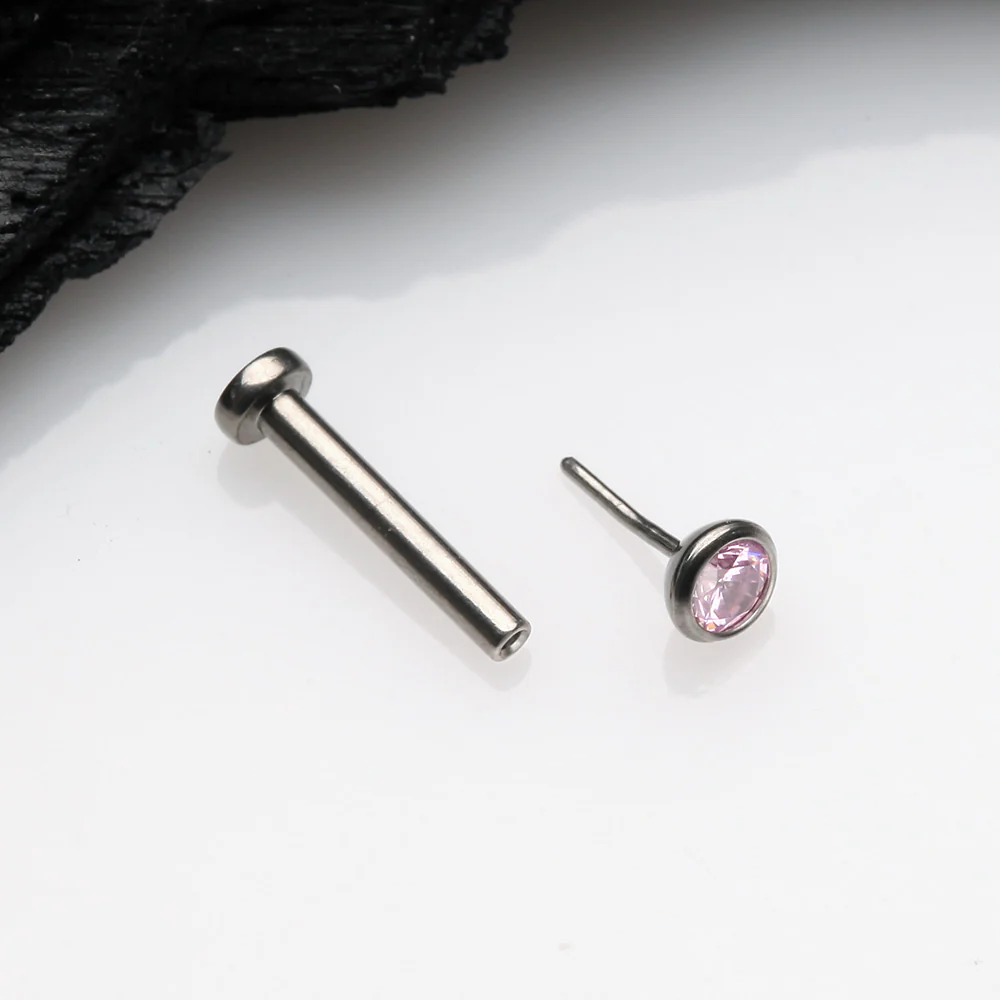 Implant Grade Titanium OneFit Threadless Gem Bezel Set Top Flat Back Stud Labret - Image 3