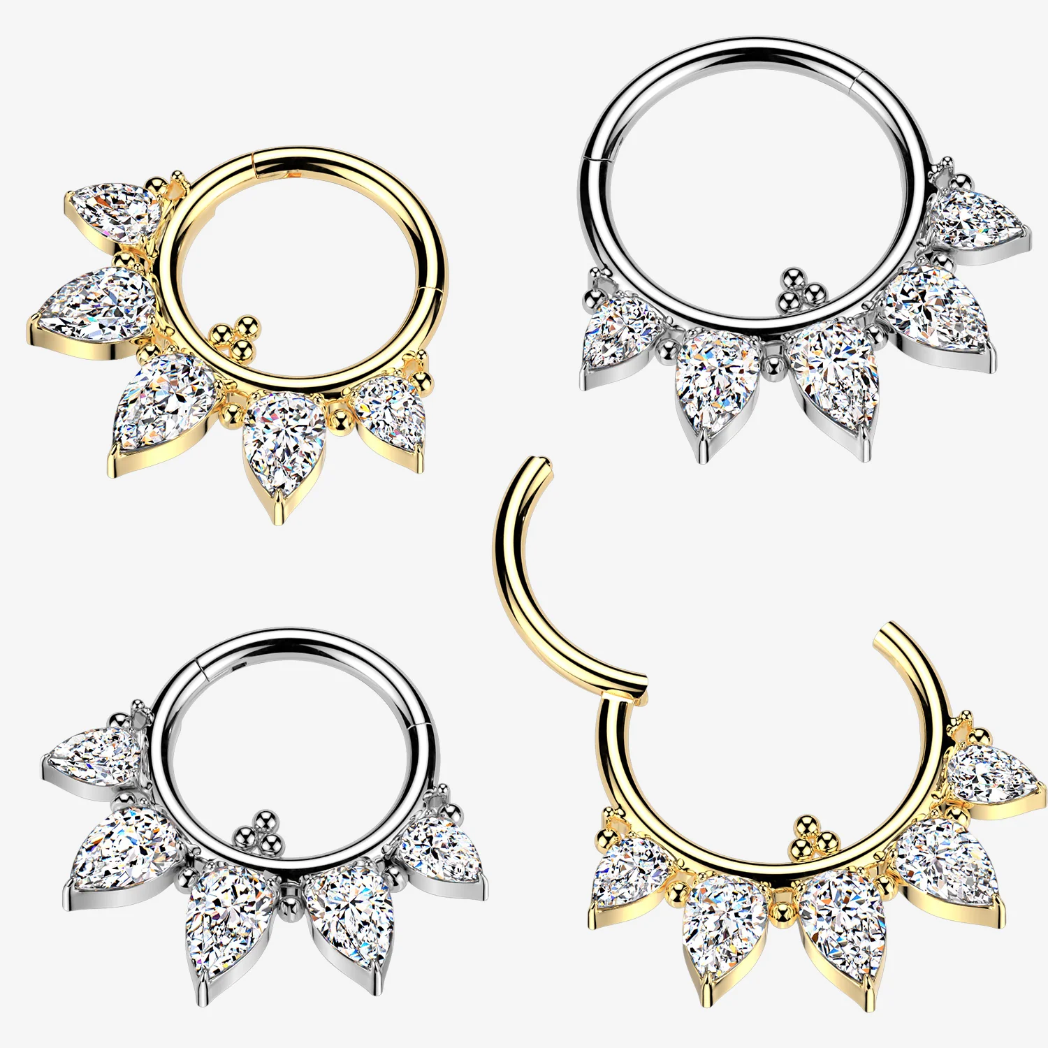 Implant Grade Titanium Golden Bali Sparkle Floral Clicker Hoop Ring - Image 2