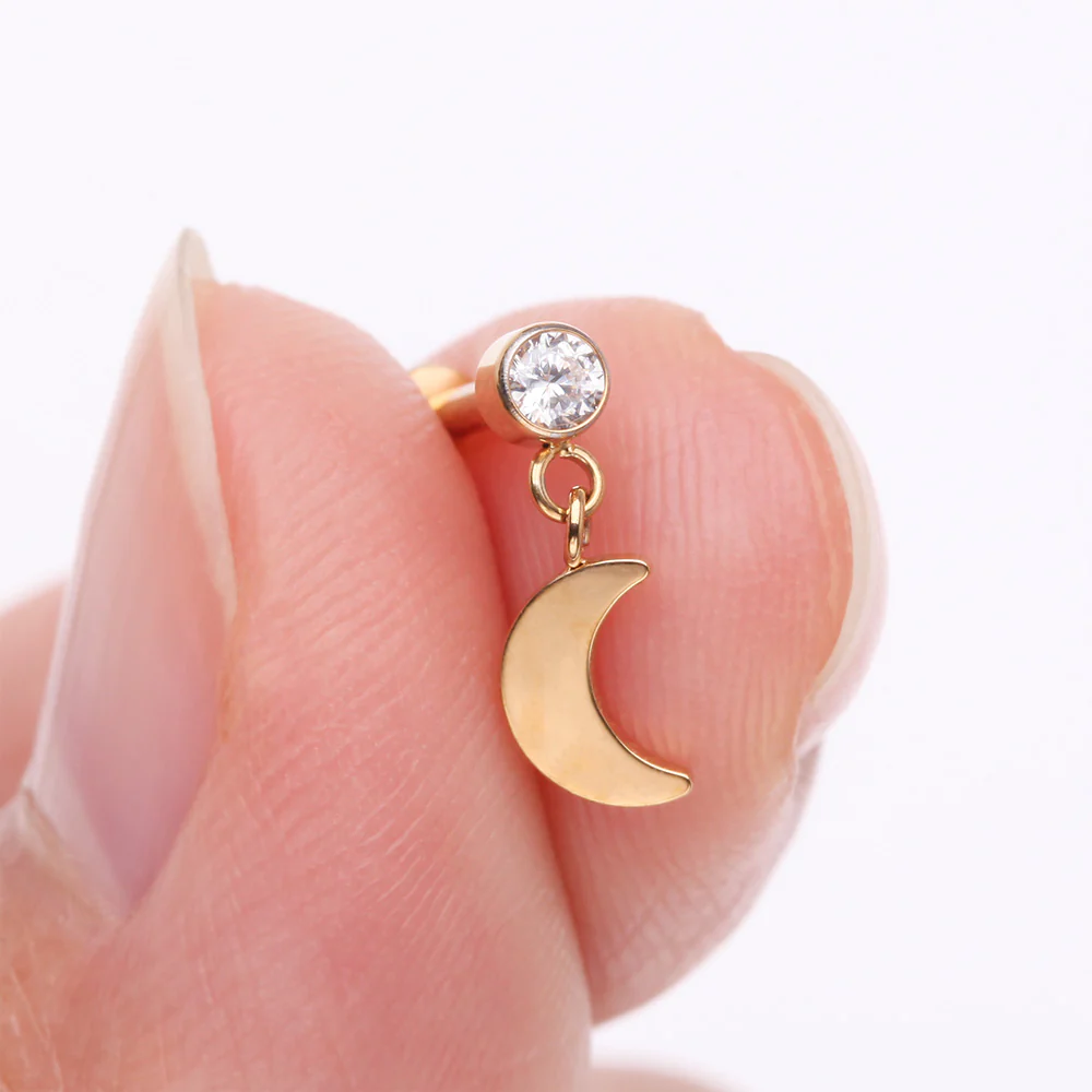 Implant Grade Titanium Golden Bezel Gem Crescent Moon Dangle Internally Threaded Flat Back Labret - Image 3