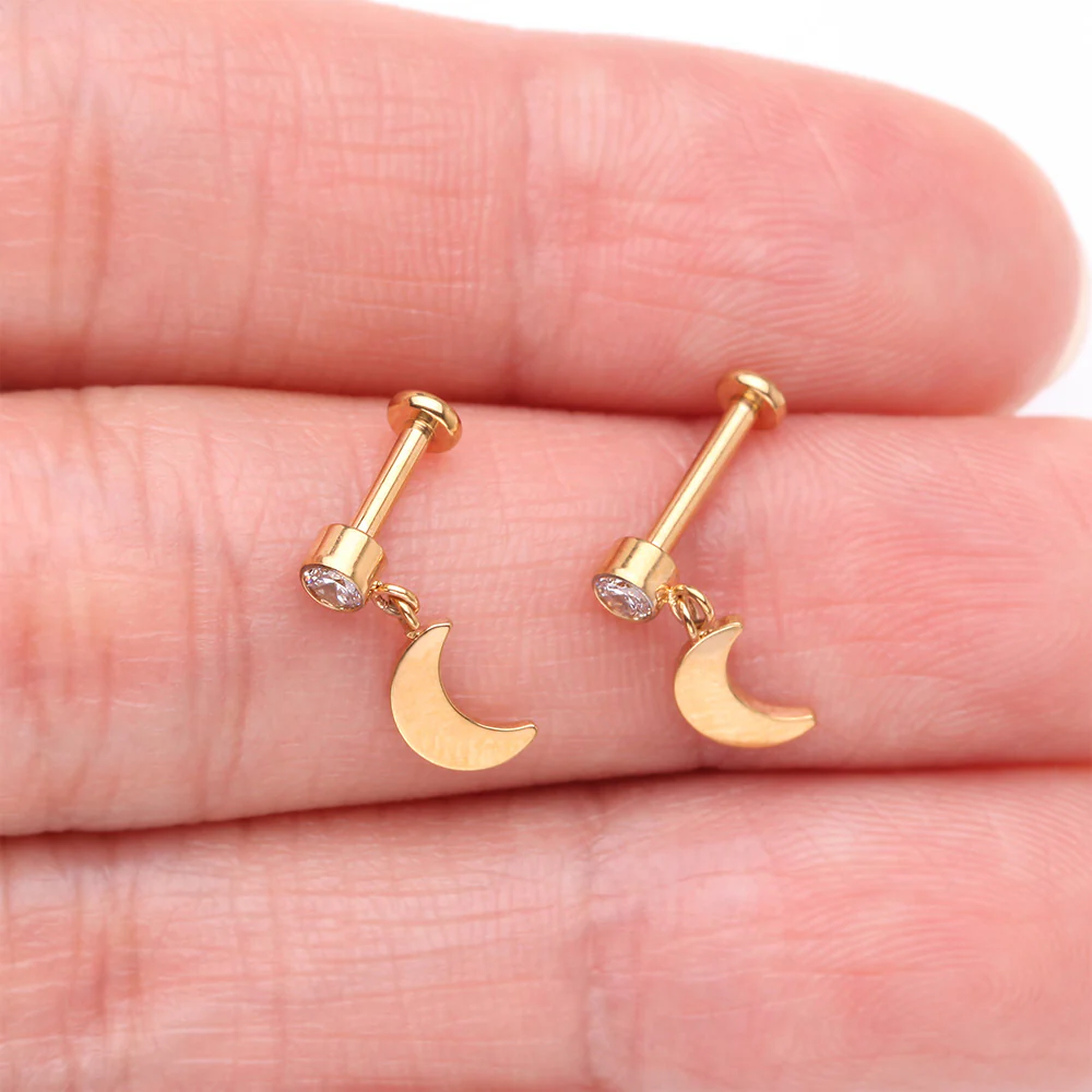 Implant Grade Titanium Golden Bezel Gem Crescent Moon Dangle Internally Threaded Flat Back Labret - Image 4