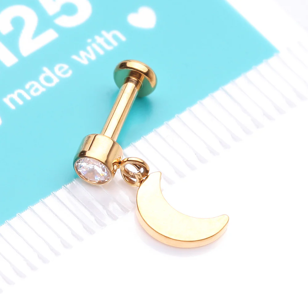 Implant Grade Titanium Golden Bezel Gem Crescent Moon Dangle Internally Threaded Flat Back Labret - Image 5