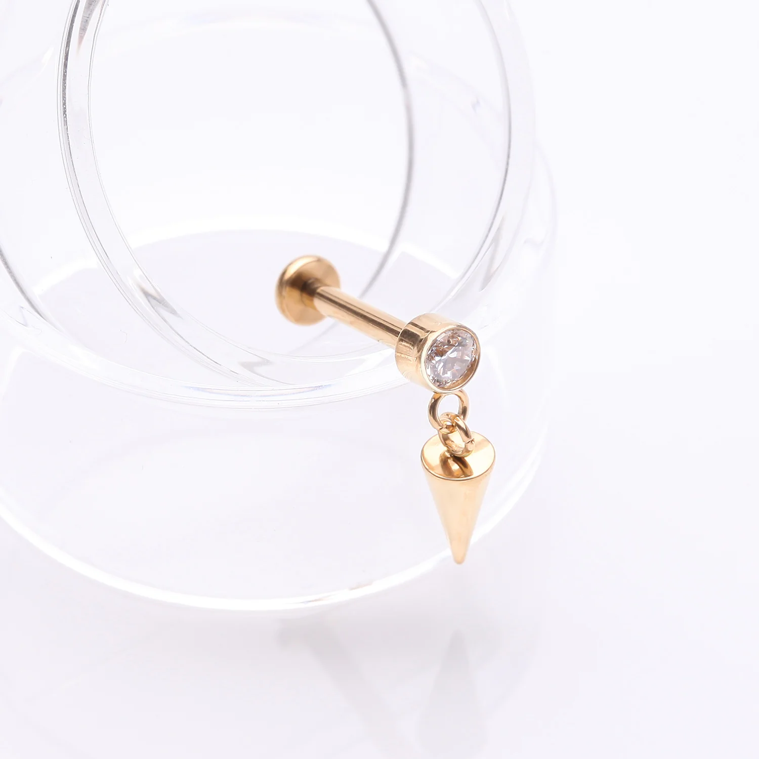 Implant Grade Titanium Golden Bezel Gem Spike Cone Dangle Internally Threaded Flat Back Labret - Image 2