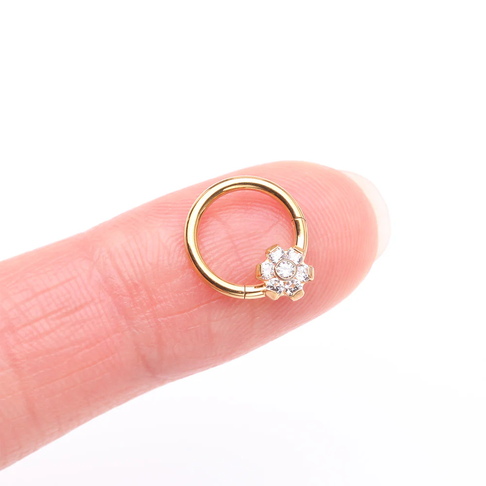 Implant Grade Titanium Golden Brilliant Flower Sparkle Clicker Hoop Ring - Image 3