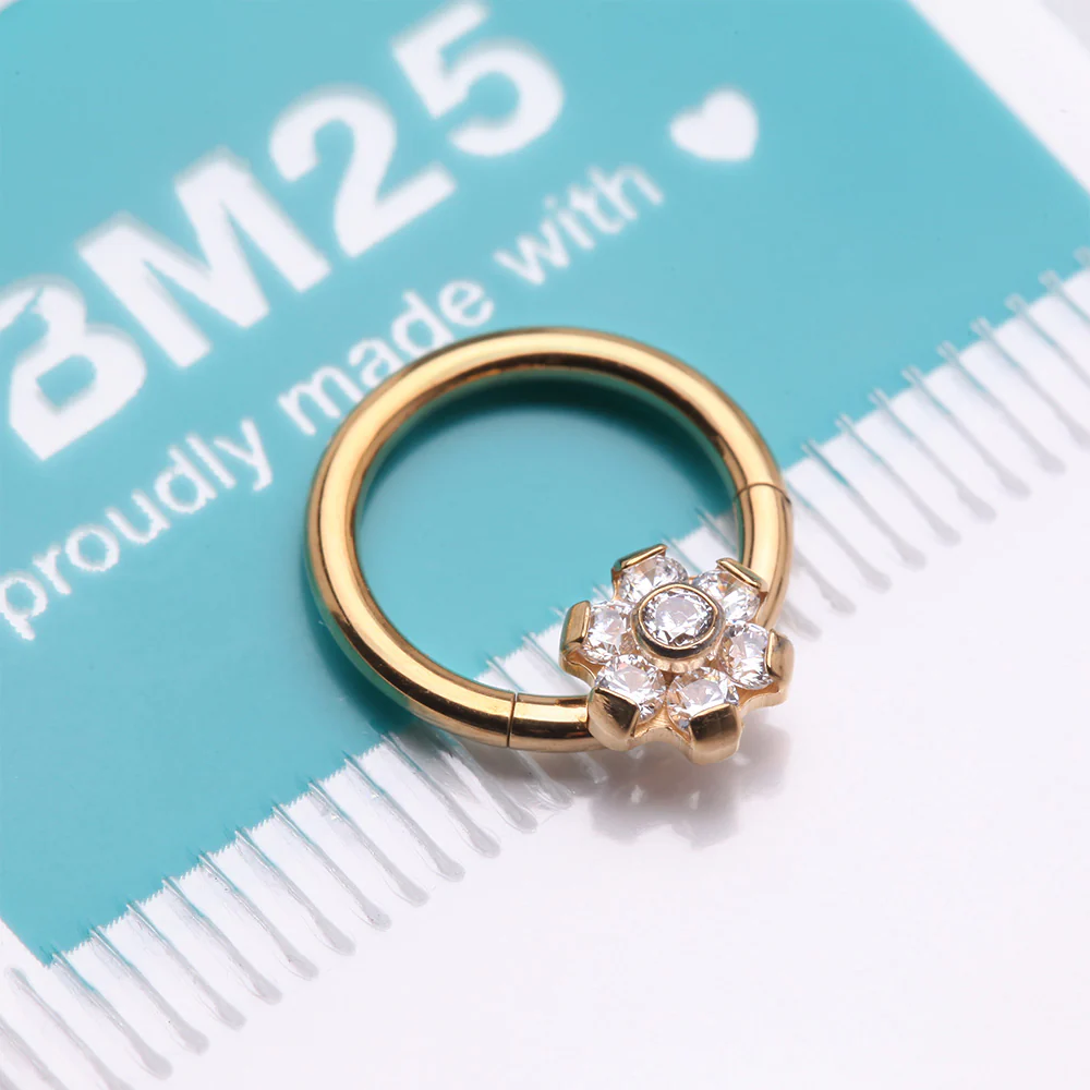 Implant Grade Titanium Golden Brilliant Flower Sparkle Clicker Hoop Ring - Image 5