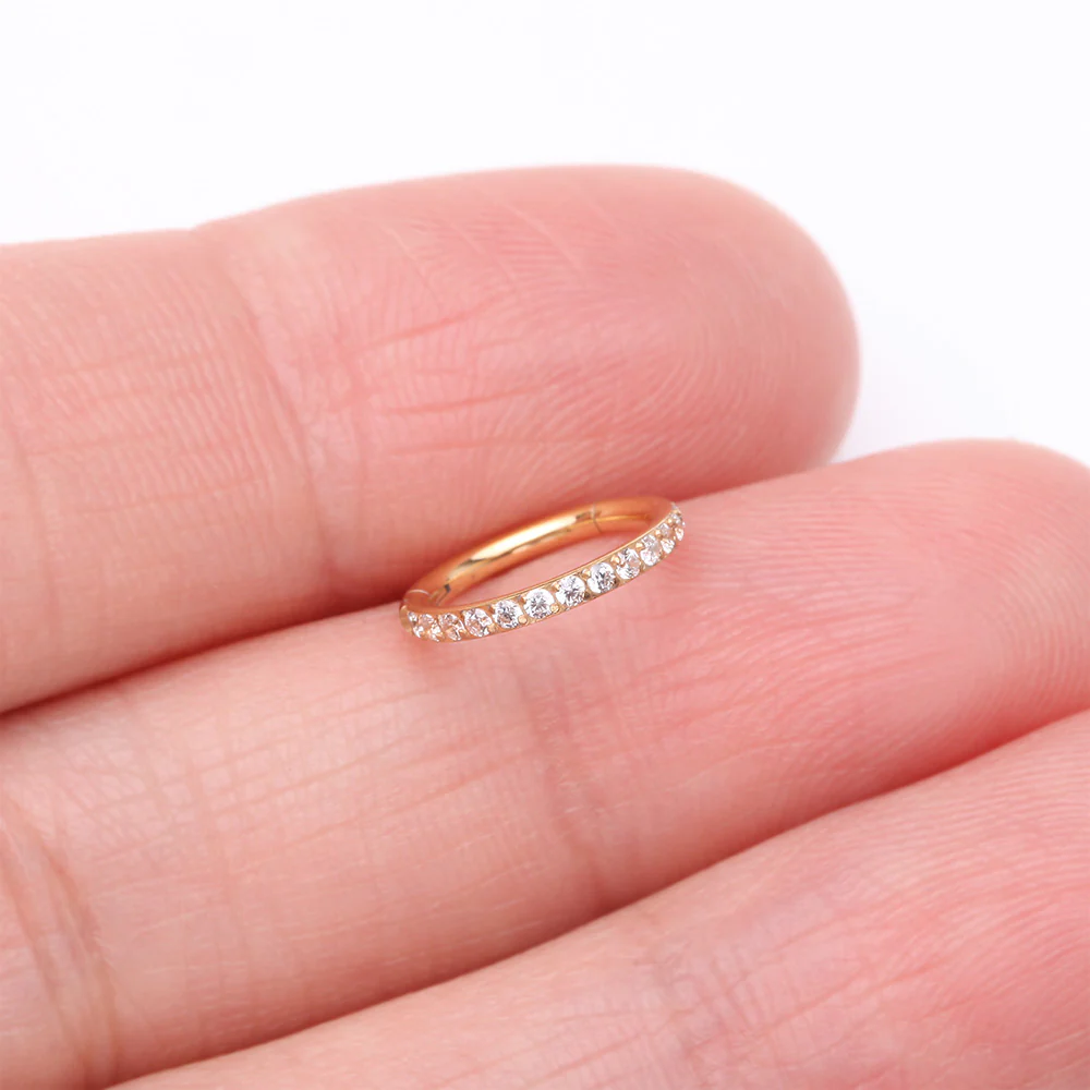 Implant Grade Titanium Golden Brilliant Sparkle Gems Lined Clicker Hoop Ring - Image 3