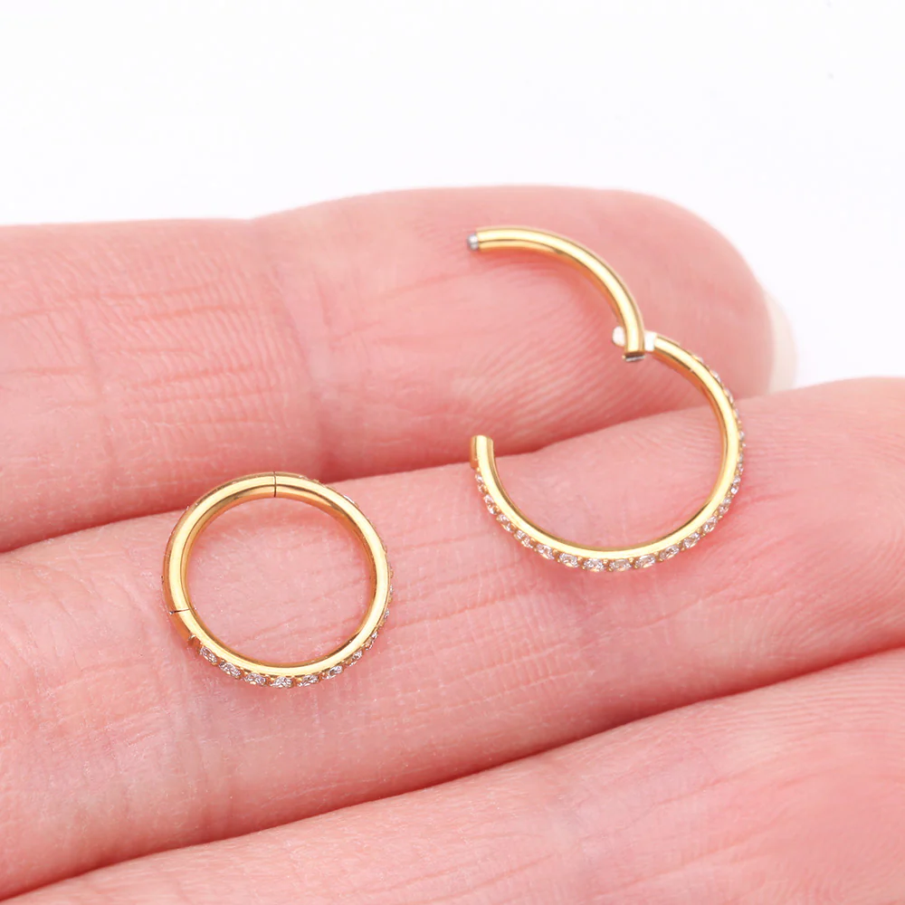 Implant Grade Titanium Golden Brilliant Sparkle Gems Lined Clicker Hoop Ring - Image 4