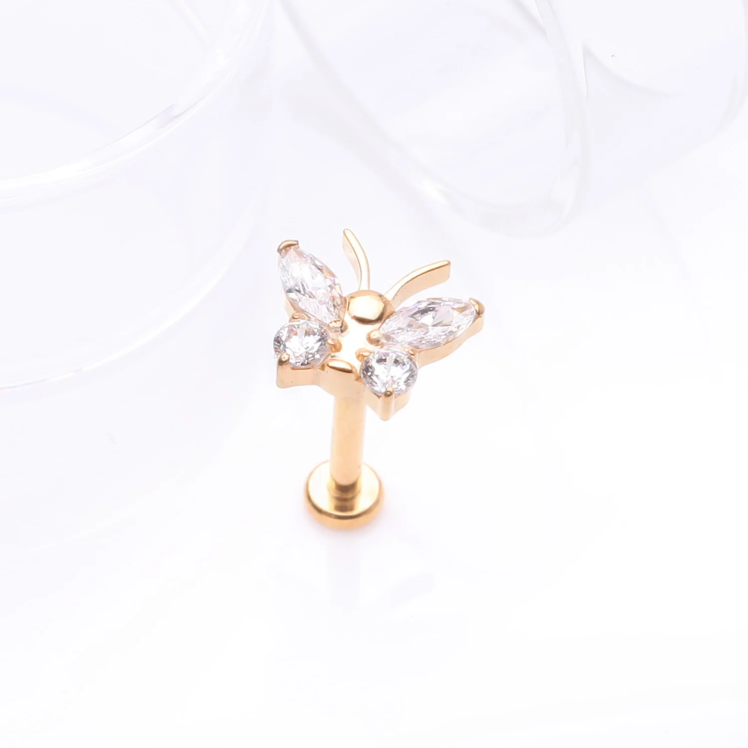 Implant Grade Titanium Golden Butterfly Sparkle Internally Threaded Flat Back Stud Labret - Image 2