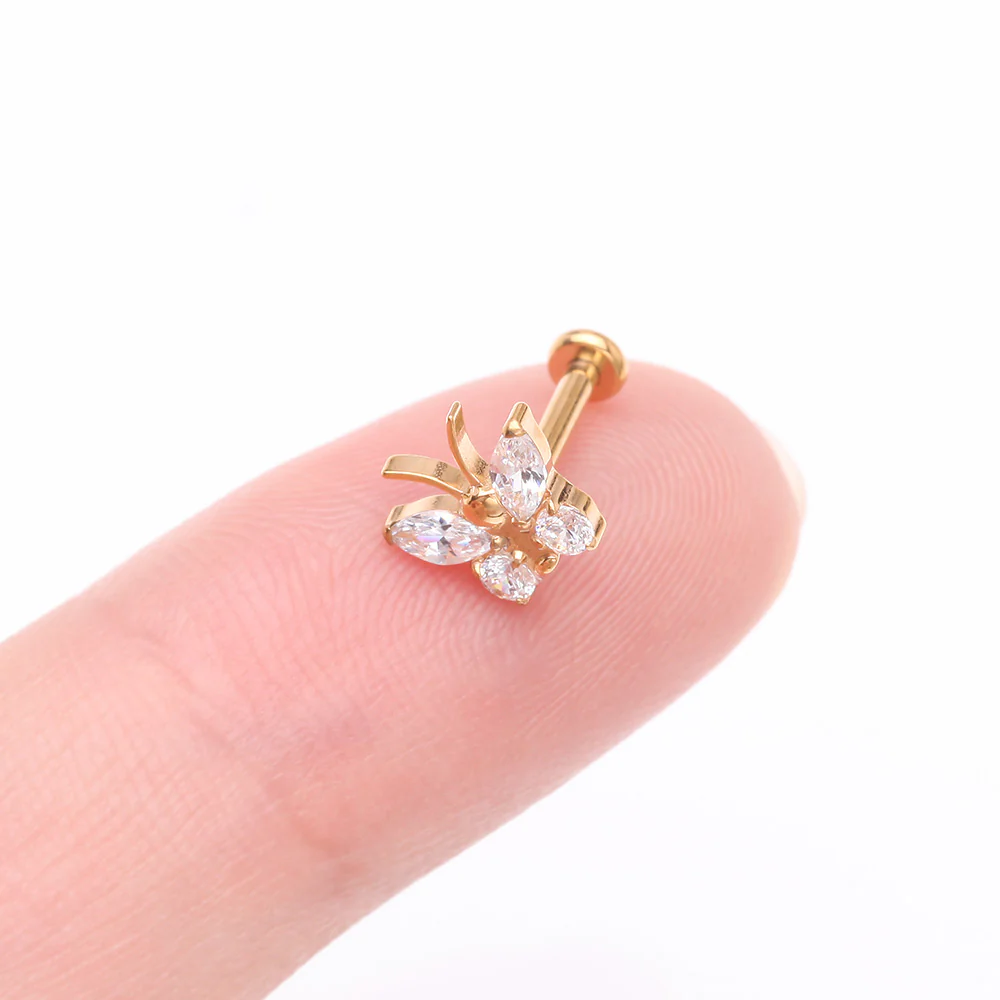 Implant Grade Titanium Golden Butterfly Sparkle Internally Threaded Flat Back Stud Labret - Image 3