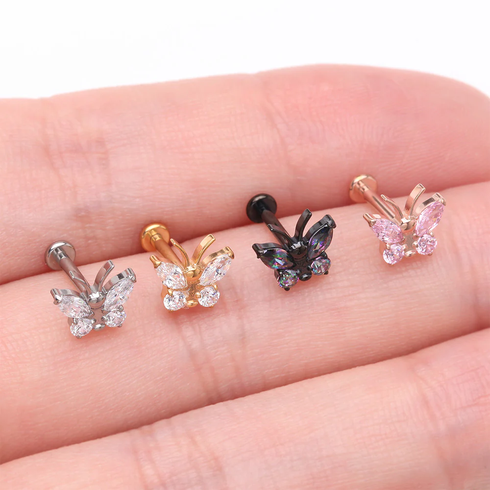 Implant Grade Titanium Golden Butterfly Sparkle Internally Threaded Flat Back Stud Labret - Image 4