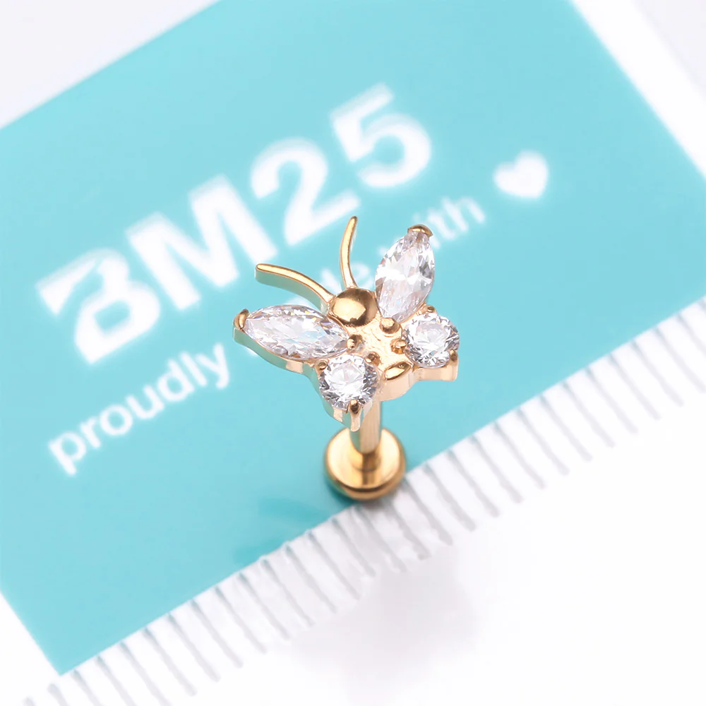 Implant Grade Titanium Golden Butterfly Sparkle Internally Threaded Flat Back Stud Labret - Image 5