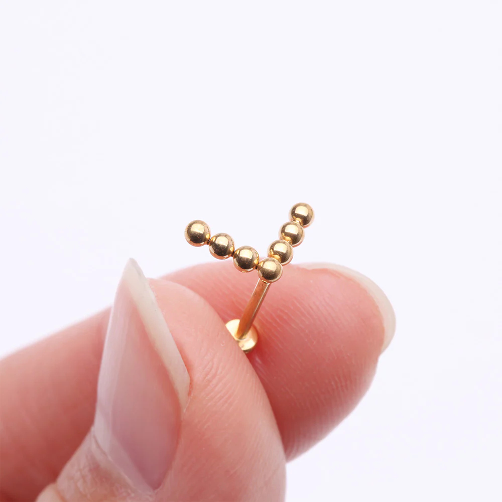 Implant Grade Titanium Golden Chevron Arrow Beaded Ball Top Internally Threaded Labret Flat Back Stud - Image 3