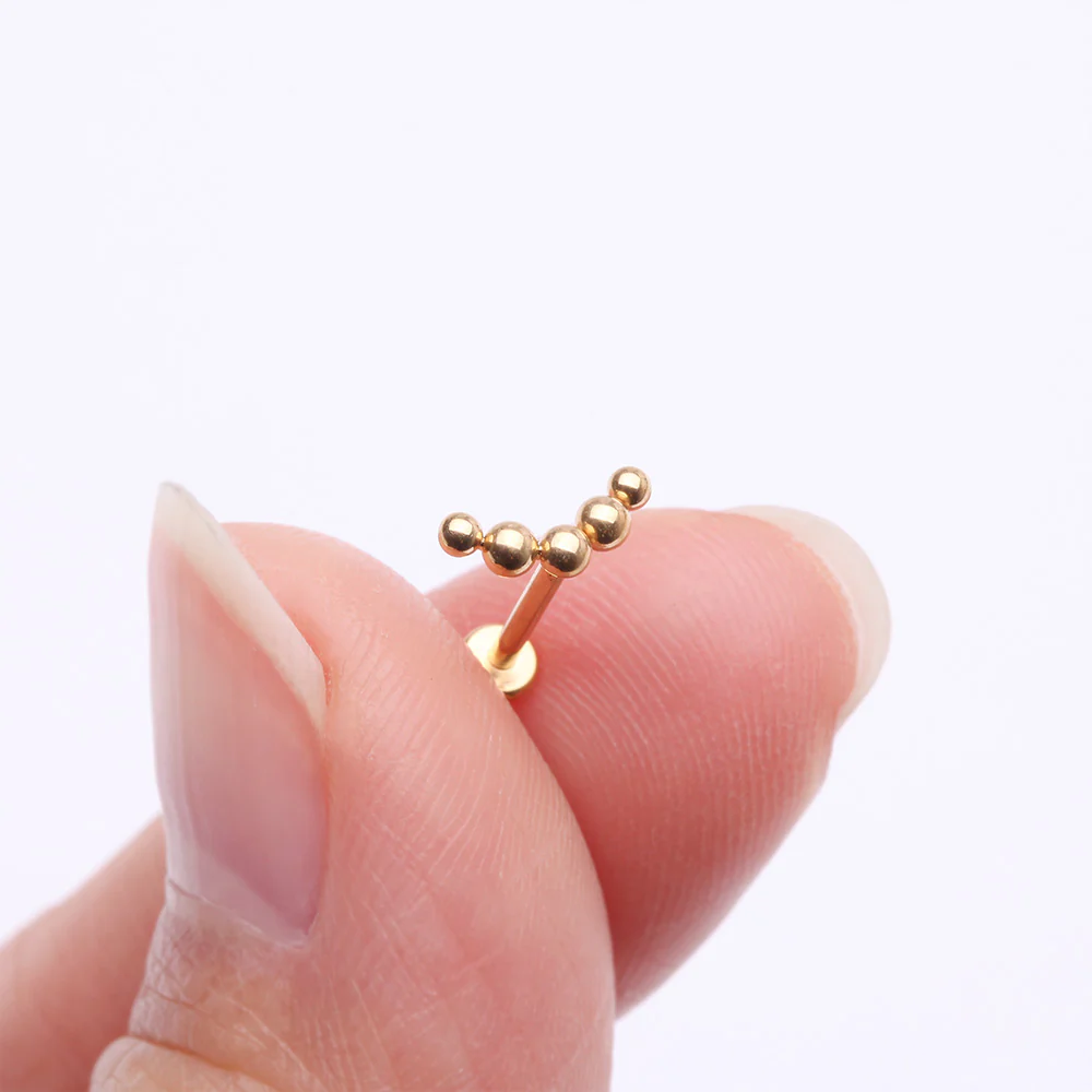 Implant Grade Titanium Golden Crescent Curve Beaded Ball Top Internally Threaded Labret Flat Back Stud - Image 3